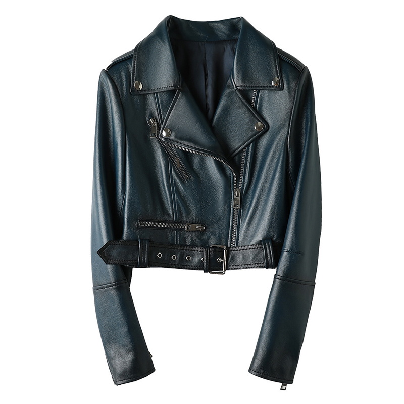 Roupas femininas de couro de ovelha, cores gradientes, zíper curto, jaquetas de motocicleta e saias de cintura alta, roupas de couro real