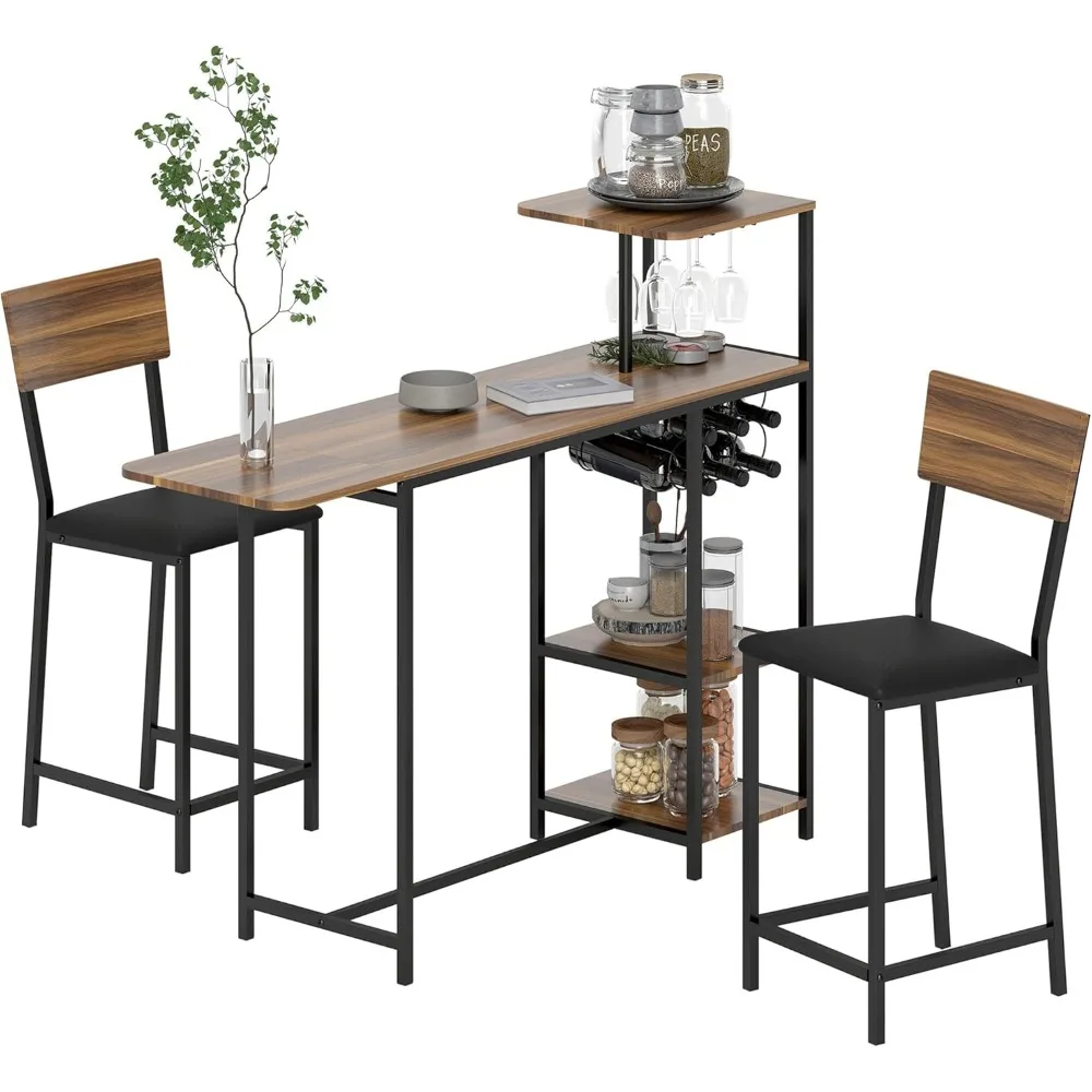 Juego de mesa de bar y taburetes Mesa de cocina alta con 2 taburetes laterales plegables, estante para vino y estante, estilo industrial marrón y negro