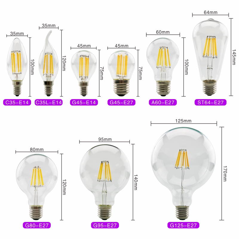 Retro edison e27 e14 lâmpada de filamento led 220v-240v lâmpada c35 g45 a60 st64 g80 g95 g125 lâmpada de vidro luz de vela vintage