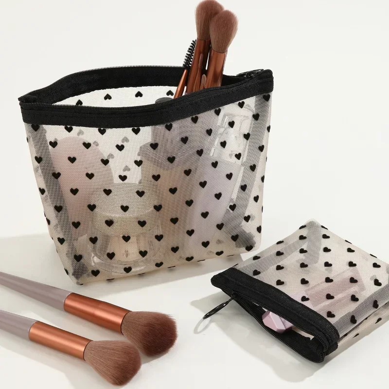 Liebe Druck Mesh Kosmetik Tasche Tragbare Kulturbeutel Organizer Make-Up Tasche Multifunktions Transparent Frauen Lippenstift Lagerung Beutel