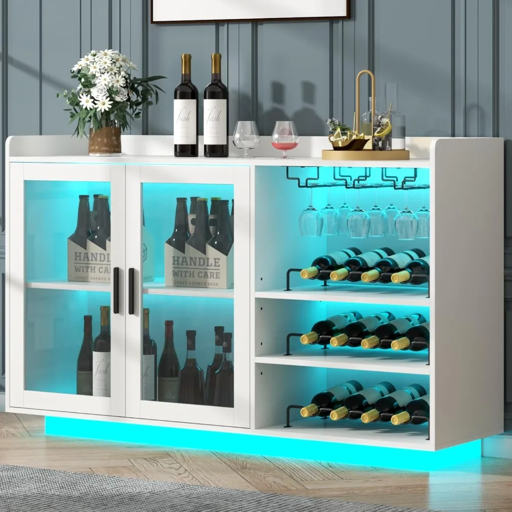Wine Bar Cabinet with Lights,  Floating Coffee Bar with Glass Rack and Removable Wine Racks, Modern Buffet Sideboard