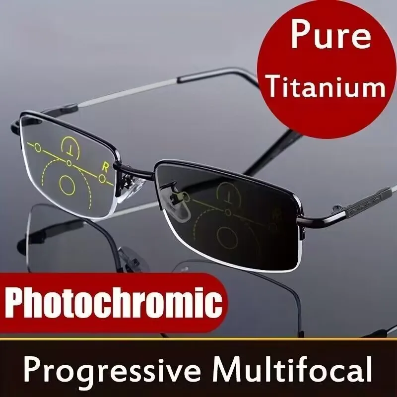Gafas de lectura fotocromáticas progresivas de aleación de titanio para hombre y mujer, lentes para miopía con enfoque múltiple, antiluz azul, deportivas