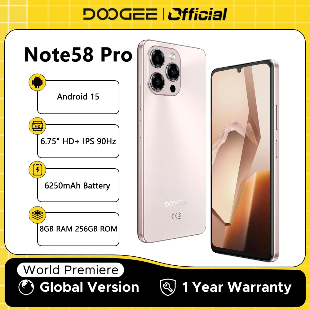 Versão global doogee note58 pro smartphone 6.75 "hd + display 8gb ram 256gb rom 6250mah bateria grande nfc android 15 celular