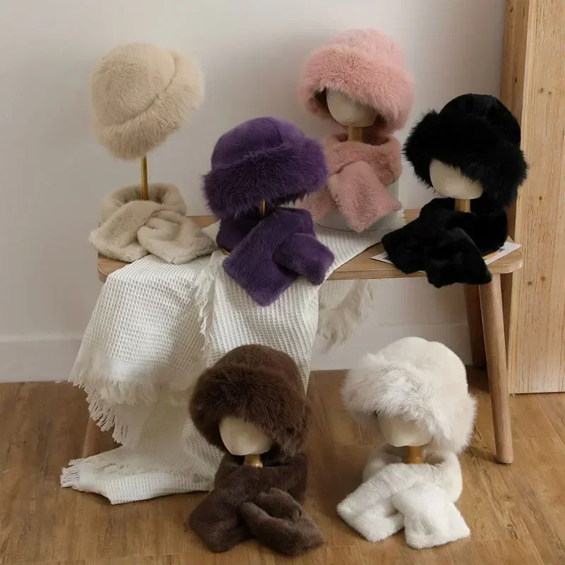 2 unids/set de bufanda de piel de visón y zorro de peluche para mujer, conjuntos de sombreros de Mongolia, invierno, grueso, cálido, imitación de visón, protección para el cuello al aire libre