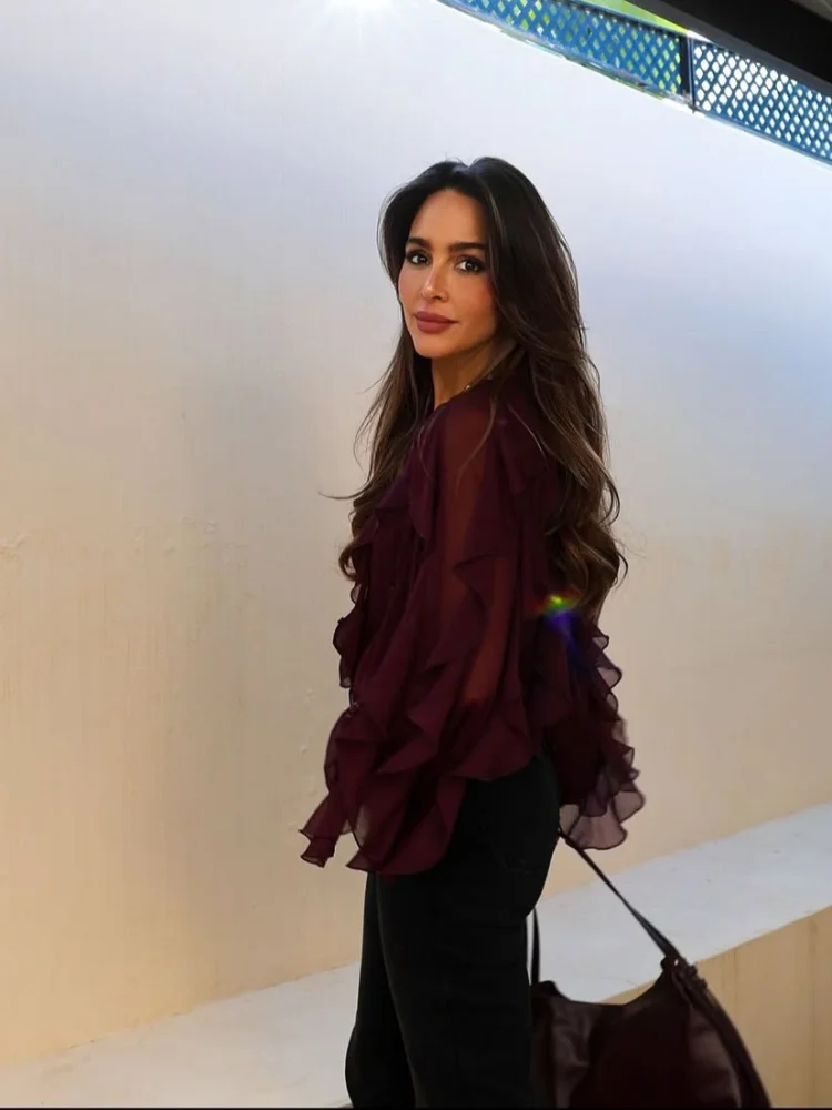 แฟชั่นผู้หญิง Multi Layered Ruffled เสื้อเซ็กซี่ดูผ่าน V คอยาวแขนยาวเสื้อยืดฤดูใบไม้ผลิ Lady Tops