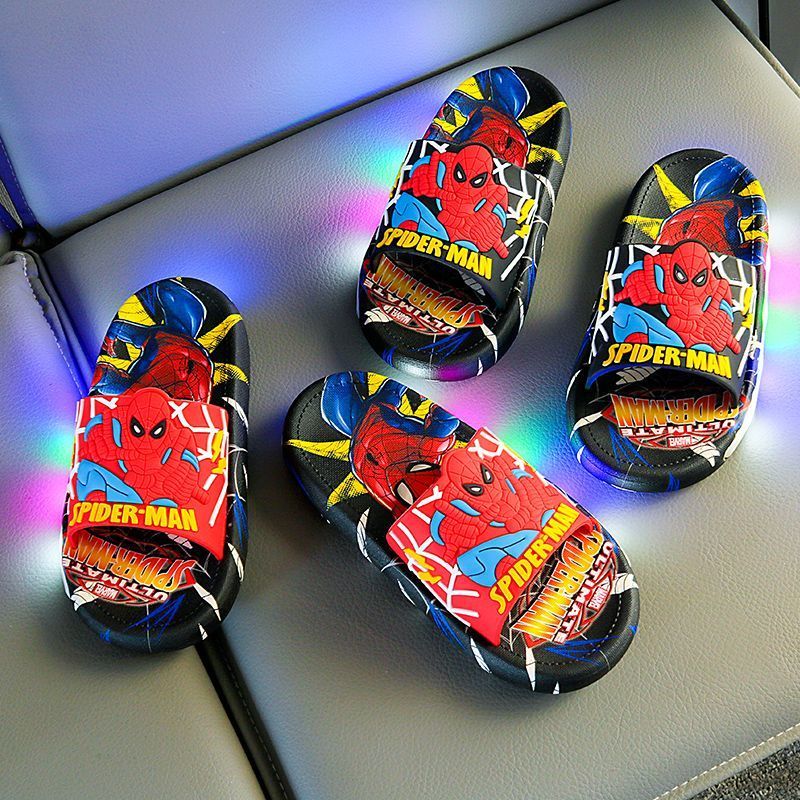 Disney Spider-Man Children's Slippers Non-slip Cartoon Light Soft Soled Slippers For Boys LED Light Luminous Children's Summer S