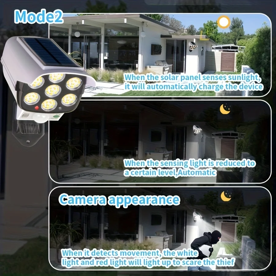 77 LED กลางแจ้ง Motion Sensor พลังงานแสงอาทิตย์ไฟ FloodLight กันน้ําไร้สาย Dummy Decoy กล้องรักษาความปลอดภัยปลอมสําหรับ Porch Garden Patio