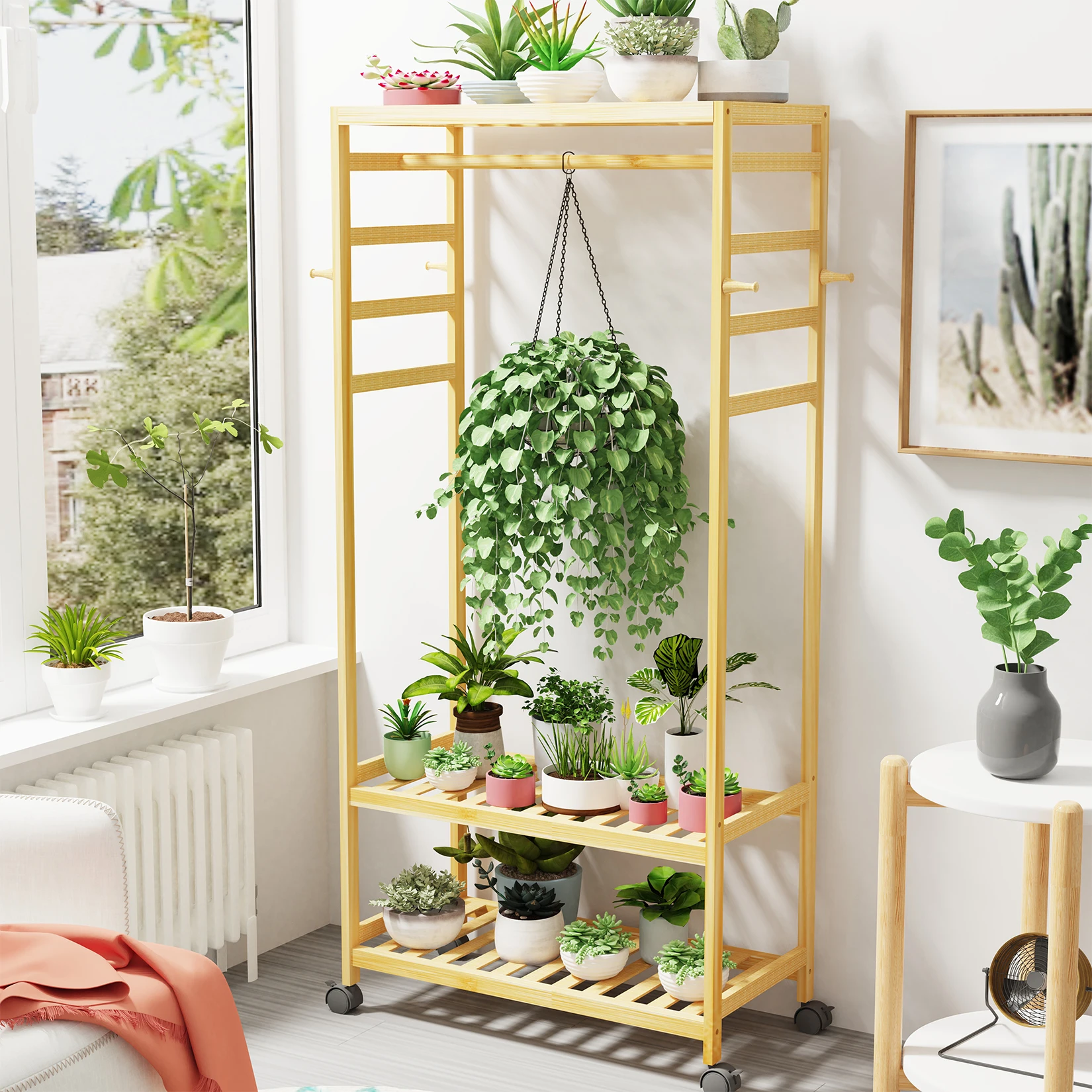 Rolling Clothes Rack Bamboo Open Wardrobe Coat and Shoe Rack with 1 Bar and 4 Hooks