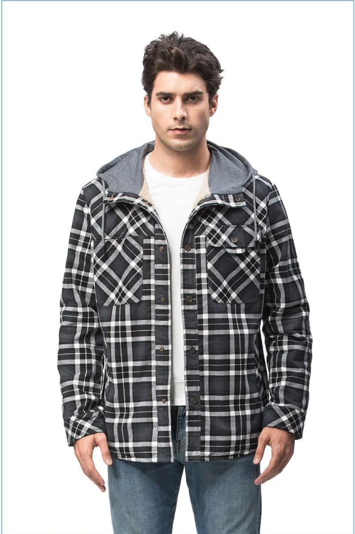 Winter Große Größe männer Hemd Jacke Baumwolle Mantel Männer Lange ärmeln Plüsch Verdickt Warm Halten Mit Kapuze Plaid Shirts UNS Größe 2XL