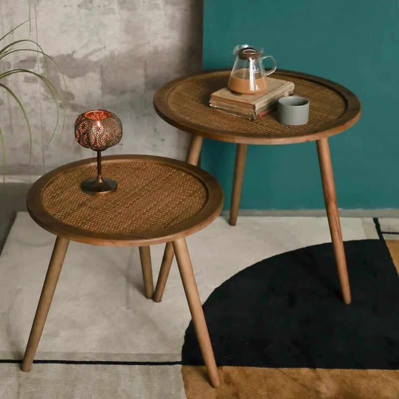 Mesa lateral de sofá vintage americana, moderna, madeira sólida, rattan, sala de estar, café, designers redondos, móveis para casa, kawowy fyct