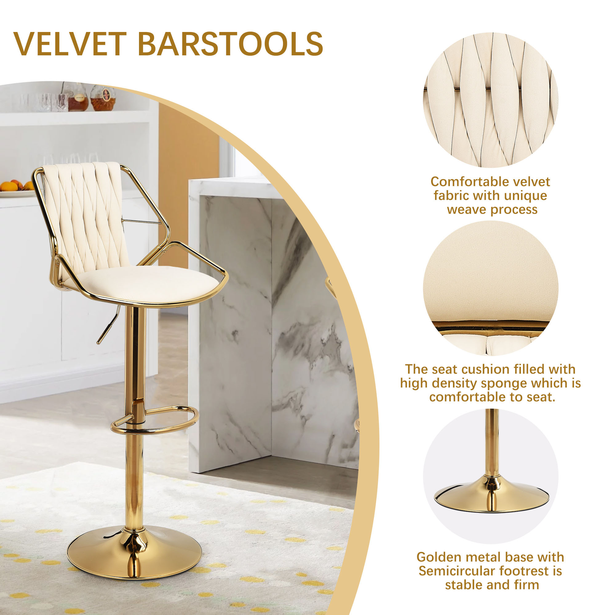 Sgabello da Bar moderno da 2 pezzi con schienale e gamba in metallo, sgabelli da Bar piccoli regolabili in altezza, sgabello da banco con motivo a squame di pesce in velluto