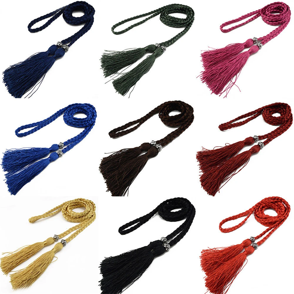 Cinturón con borlas tejidas de estilo trenzado chino para mujer, abrigo de vestido femenino de estilo bohemio colorido, cinturón de cintura estrecha, accesorios de cuerda
