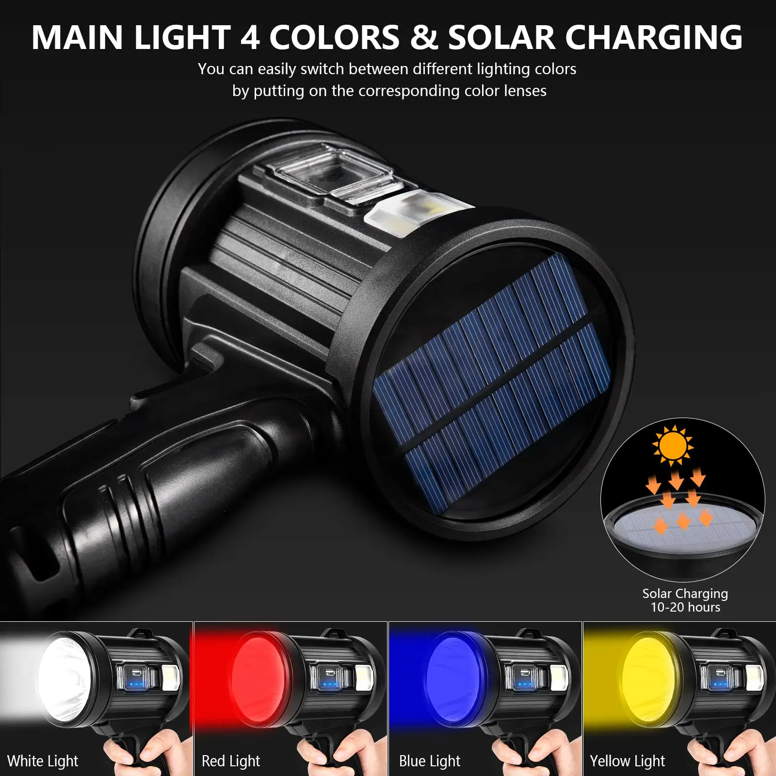 Foco recargable, linterna de caza portátil de 1000.000 lúmenes, foco Led con luz Cob y paneles solares para acampar