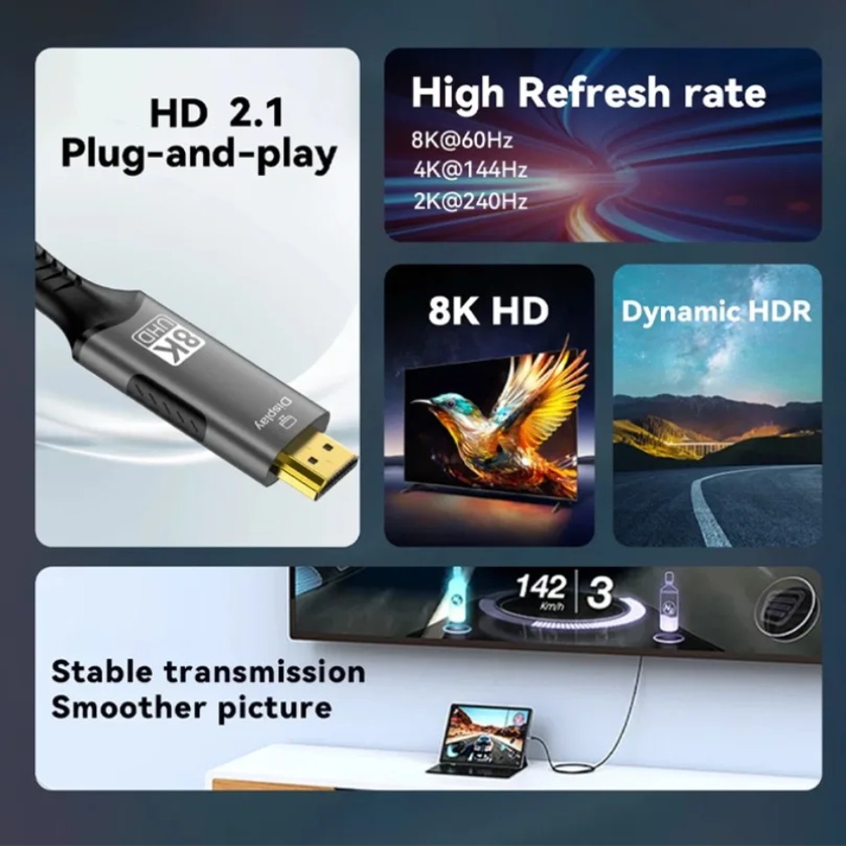 8k@60hz USB C to HDMI-Compatible cable 4k@120hz 2.1 Thunderbolt 4 Compatible HDTV Cable for PC MacBook Pro HUAWEI