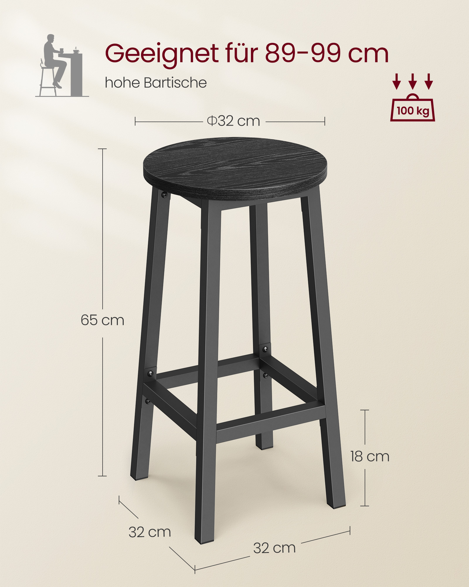 VASAGLE Barhocker Barstühle (Set, 2 St), bis 100kg belastbar