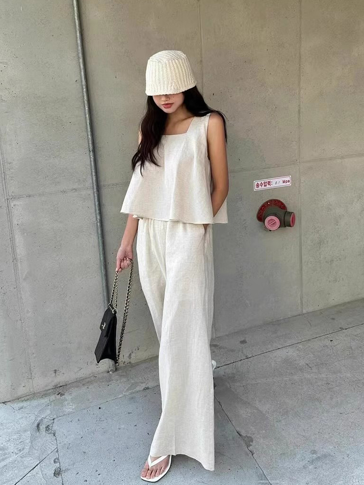 シックな夏のヴィンテージルーズ多用途スクエアカラートップ + ハイウエストカジュアルパンツ 2 点セット若い女性のための 18-25 歳