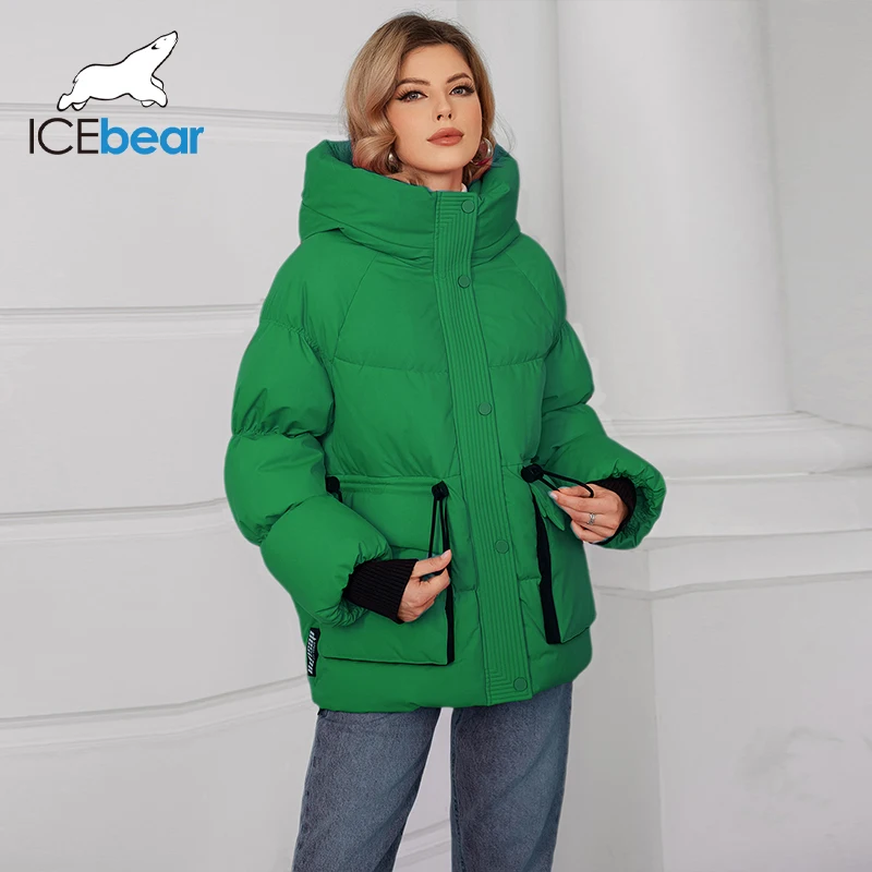 Icebear 2024 inverno feminino curto casual solto jaqueta leve com bolsos grandes feminino com capuz com zíper para baixo casaco gwd4609i