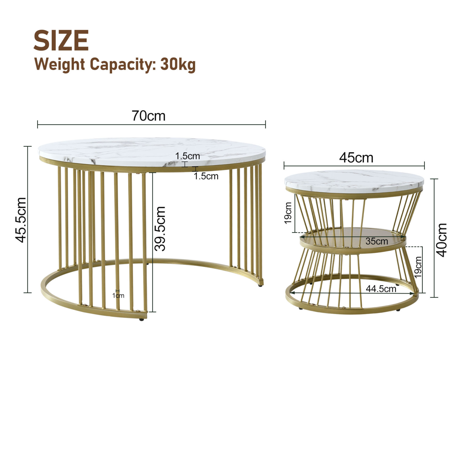 Ensemble de table basse imbriquée moderne, table basse en marbre, tables rondes, cadre de couleur dorée, 200 000 pages de canapé, 2 pièces