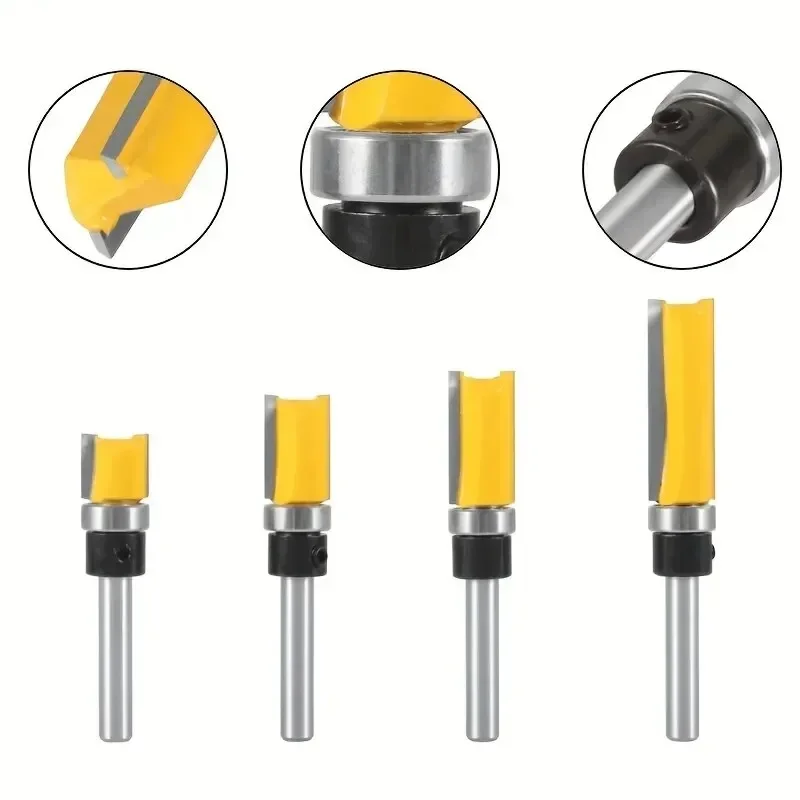4pcs,1/4-Inch Shank Bearing Guided Pattern Router Bit - Woodworking Edge Trimming Tool with Double-Edged Straight Cutter