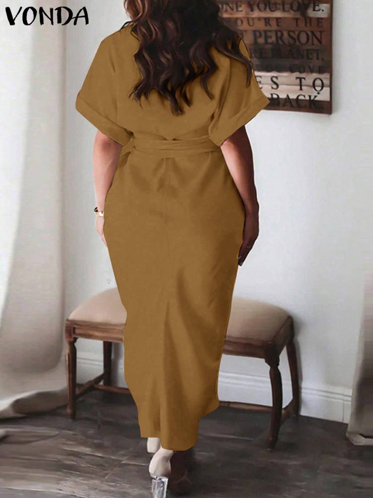 Vonda plus size 5xl Frauen Herbst hemd Kleid 2024 Mode einfarbig Sommerkleid lässig lose plissierte Robe Revers Hals Vestidos