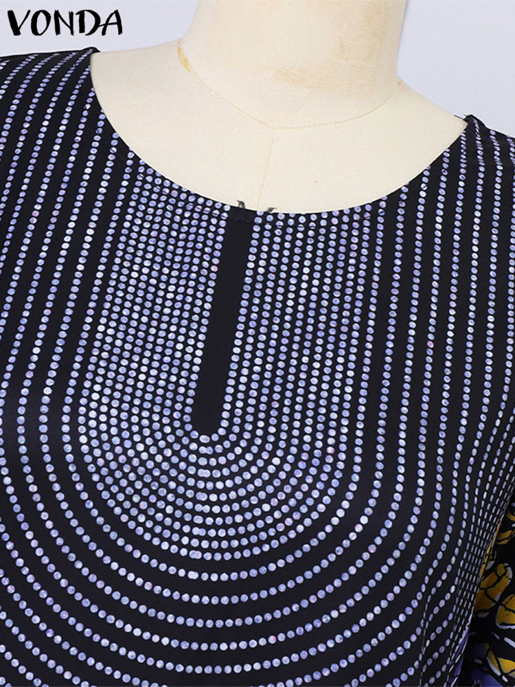 プラスサイズの女性マキシロングドレス 2024 VONDA ヴィンテージ半袖花柄ローブドレスルーズオーバーサイズ Vestido ストリート