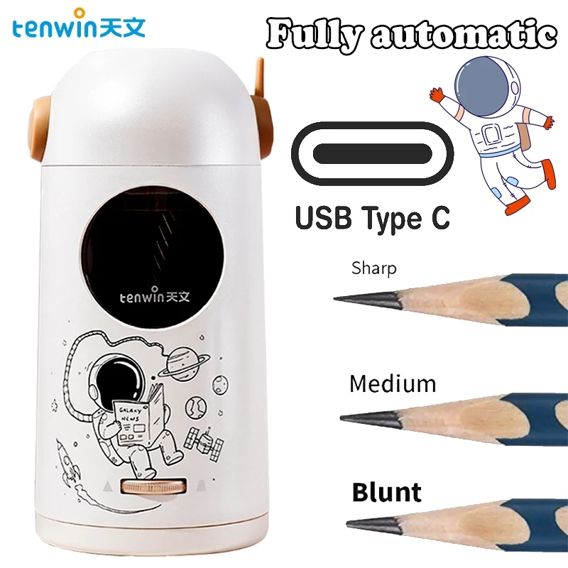 Sacapuntas automático de dibujos animados Tenwin, sacapuntas eléctrico de astronauta tipo C, lápices escolares, papelería bonita para estudiantes