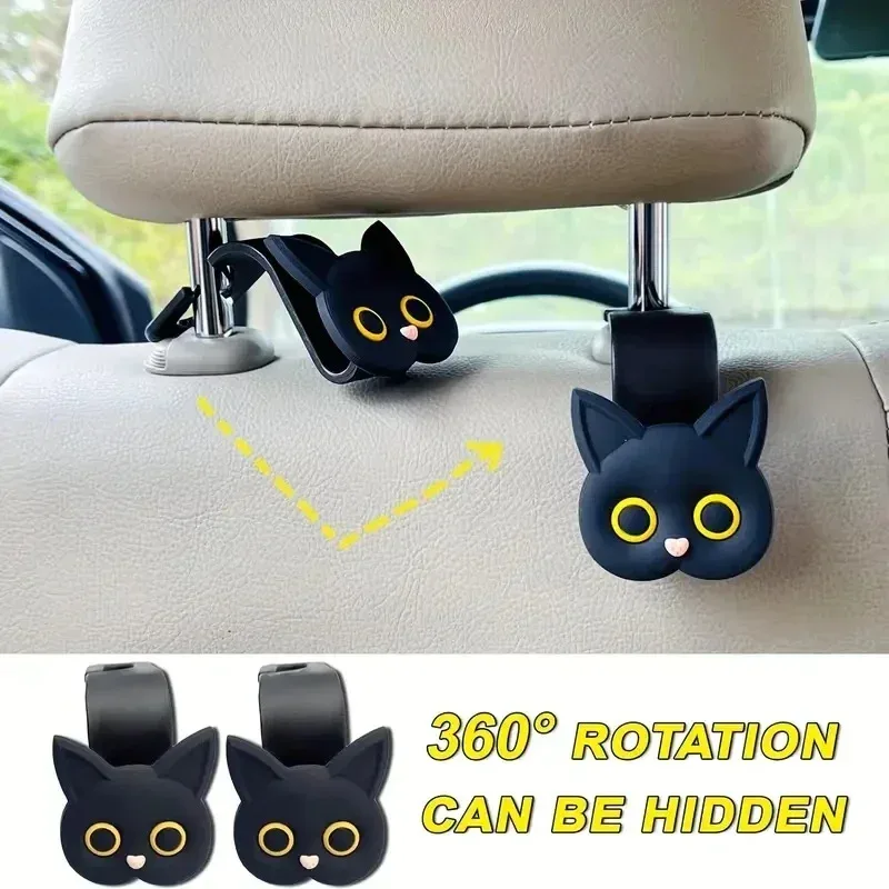 Gancho de encosto de cabeça para assento de carro de gato de desenho animado 3D fofo - Organizador universal de armazenamento de veículos para bolsas, carteiras e jaquetas - Ca fofo