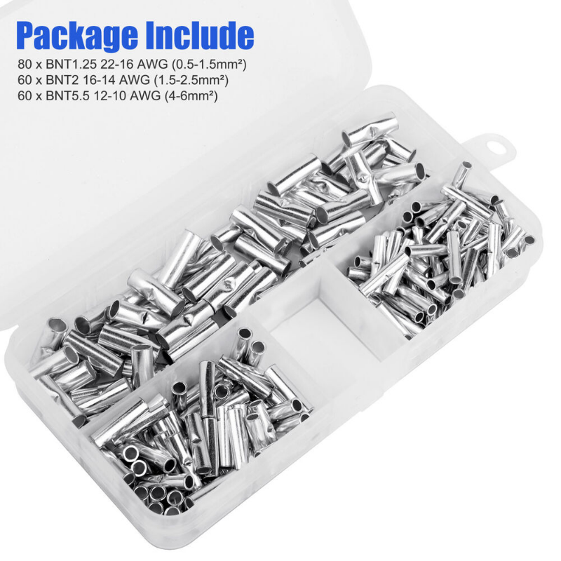 200 Stück nicht isolierte Stoßdraht-Stecker-Aderendhülsen, elektrische Kabelklemme, verzinnte Crimp-Klemme, 0,5–6 mm2, 22–10 AWG