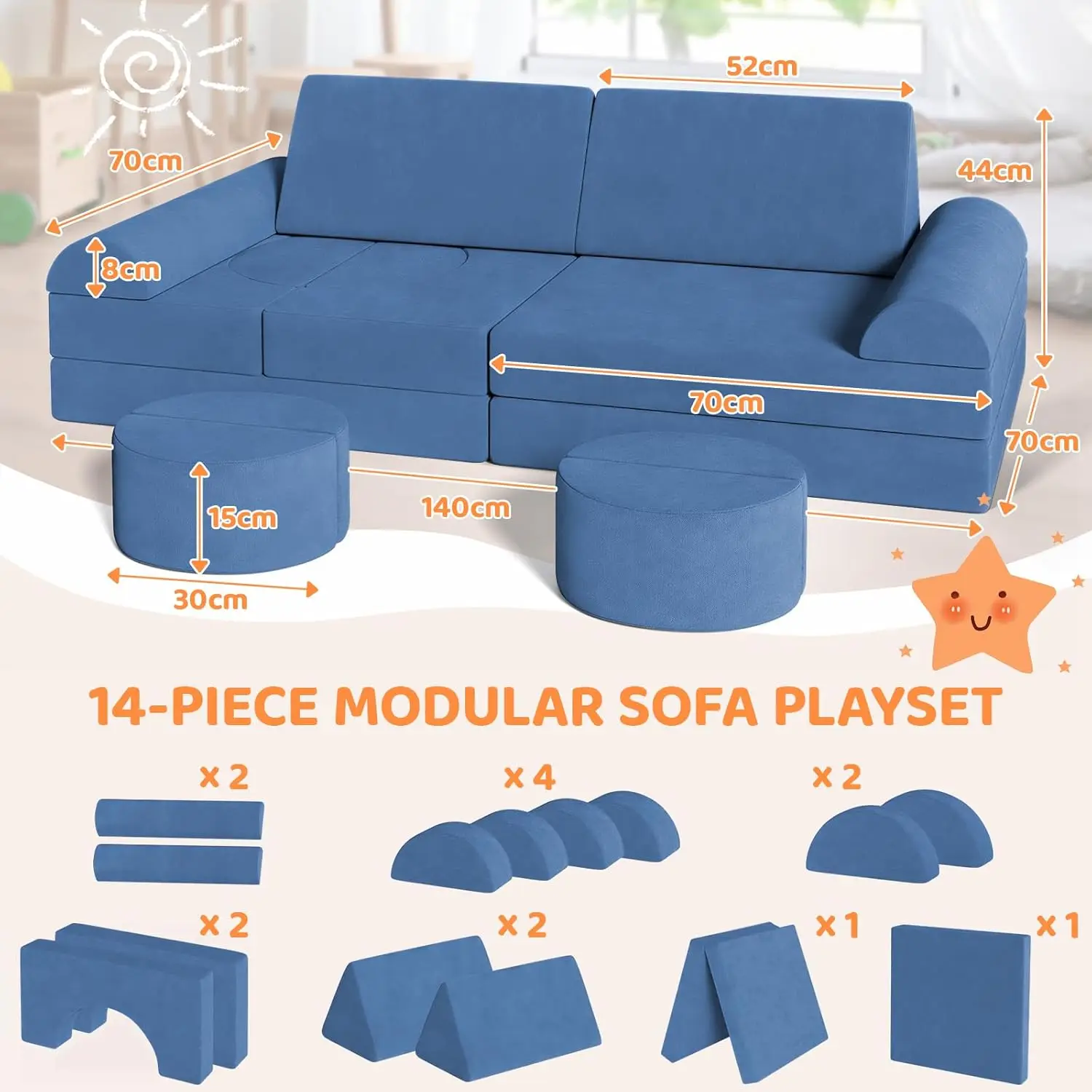 Modulare Kinderspielcouch, Kindersofa, Fortspiel-Schlafzimmer- und Spielzimmermöbel für Kleinkinder, umwandelbares Schaumstoff-Bodenkissen