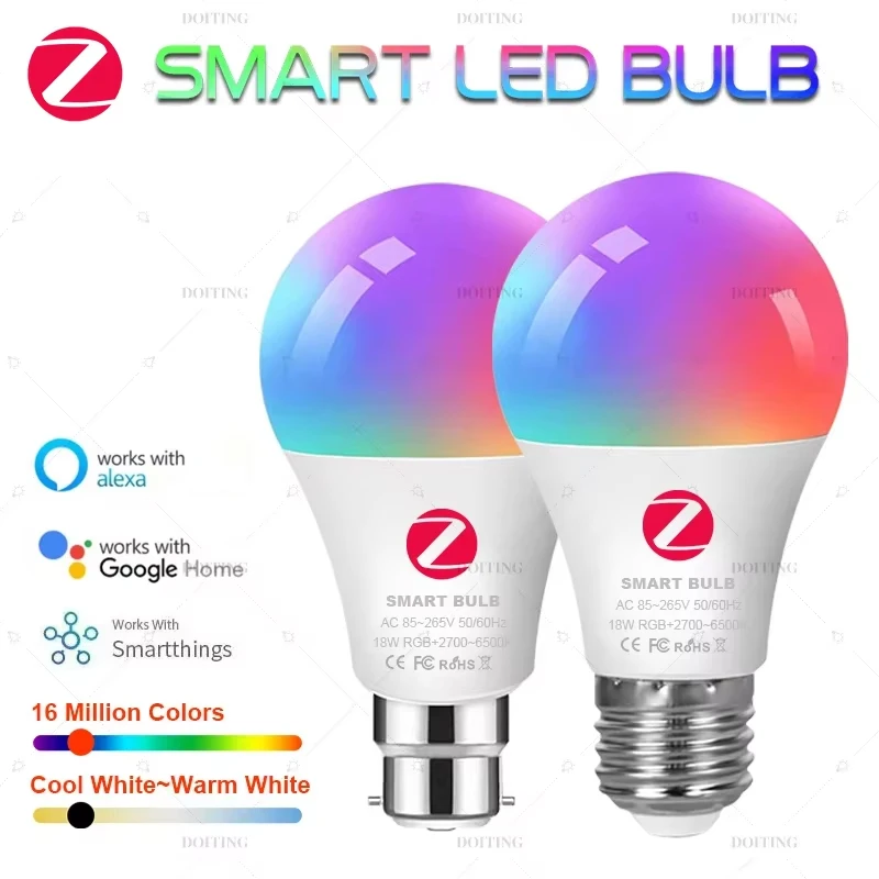 Zigbee 3,0 bombilla Led inteligente 110V 220V E27 B22 lámparas RGBCW funciona con Alexa Echo Plus Google Home Assistant aplicación Control de voz 2MQTT