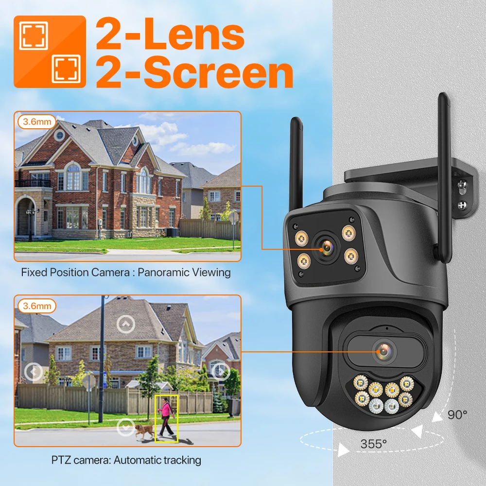 Drie lenzen buiten 4K HD WIFI IP-camera PTZ-camera met drie schermen Ai Menselijke detectie IP66 Waterdichte CCTV-videobewaking iCsee