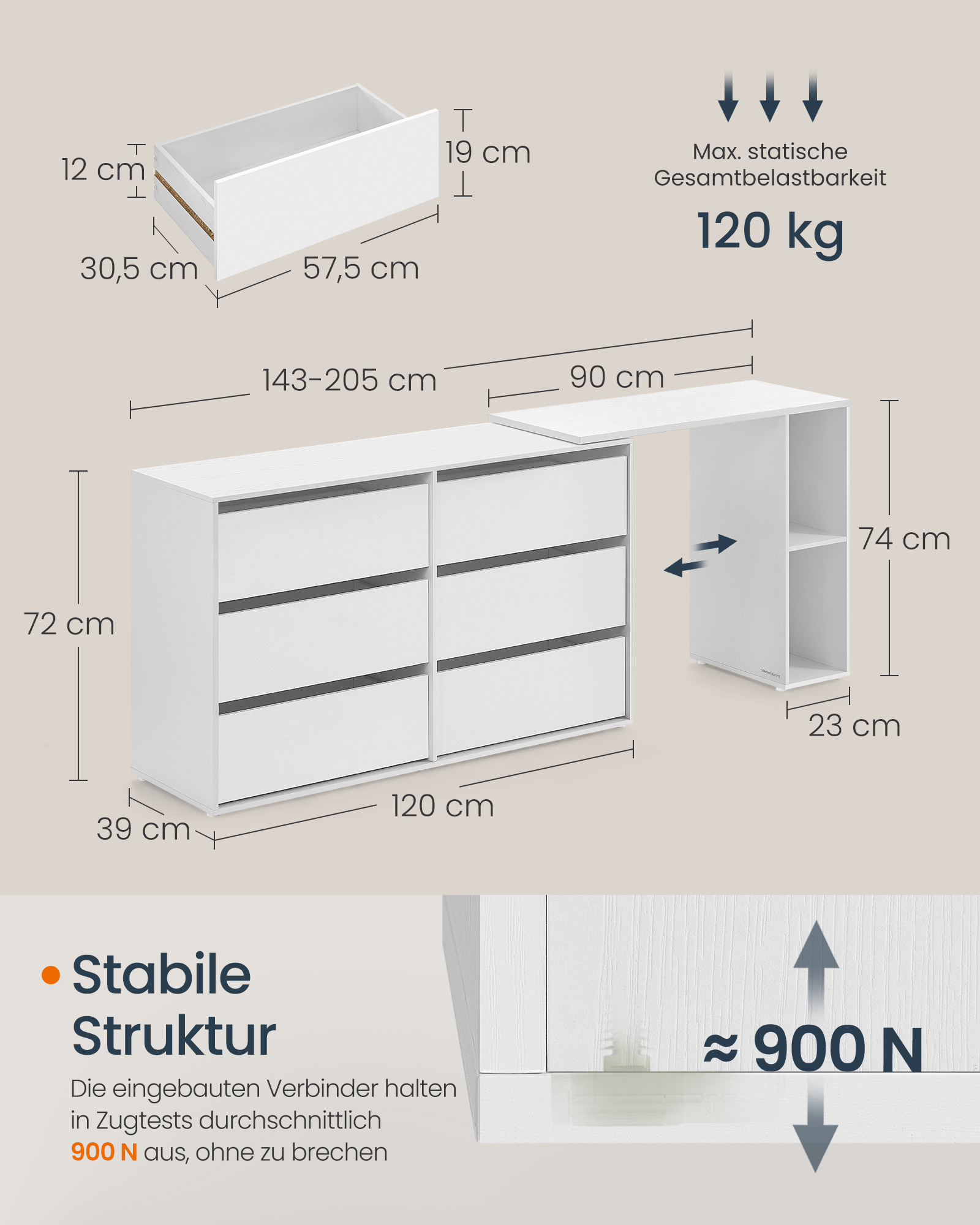 SONGMICS HOME Kommode, Schrank, Schminktisch mit Regal, Schnelle werkzeuglose Montage, nebeneinander oder L-förmig, für Schlafzi