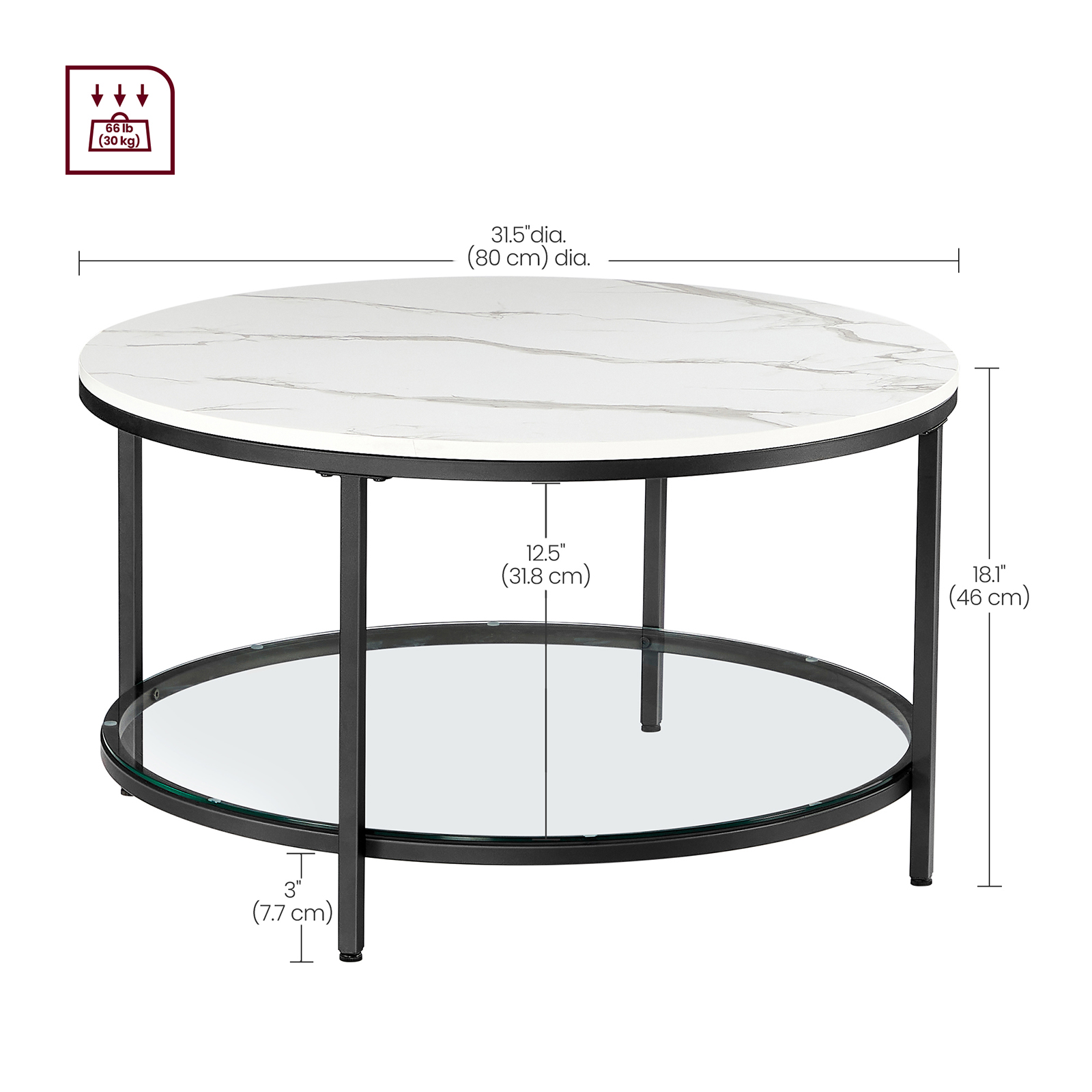 VASAGLE Coffee Table, Living Room Table, Sofa Cocktail Table Faux Marble Round, Tempered Glass Storage Shelf