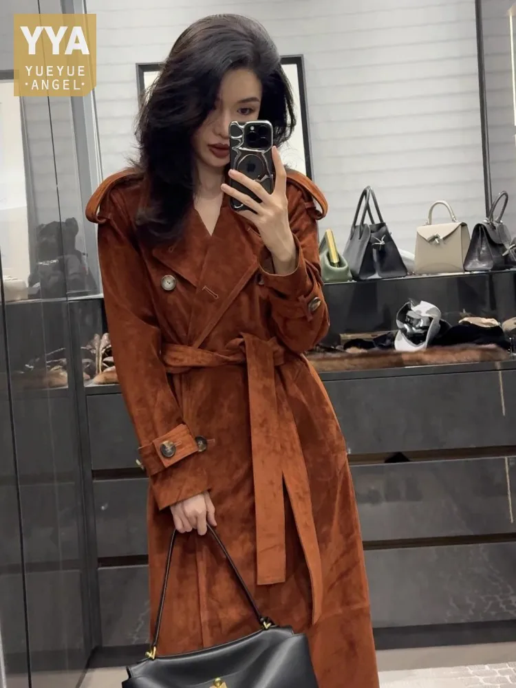 Italienische Luxus Frauen Lange Echt Kuh Wildleder Leder Jacke Zweireiher Gürtel OL Arbeit Windjacke Graben Echtes Leder Mantel