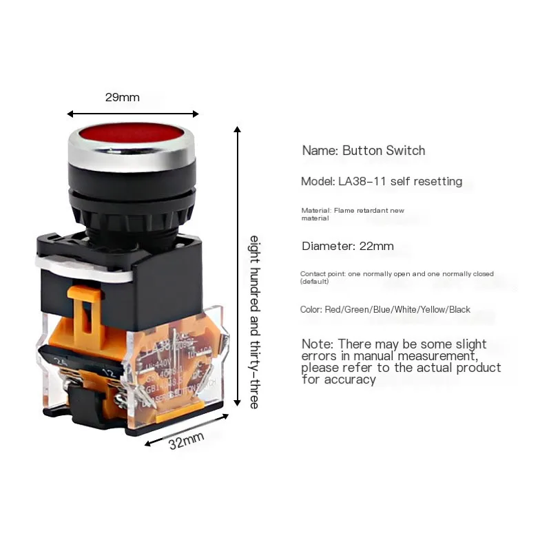 Push Button Switch Push-Type Self-Resetting La38-11Bn Power Supply Flat Head Start Stop Round Inching Start Stop Self-Resetting Inching Push-Type 22mm