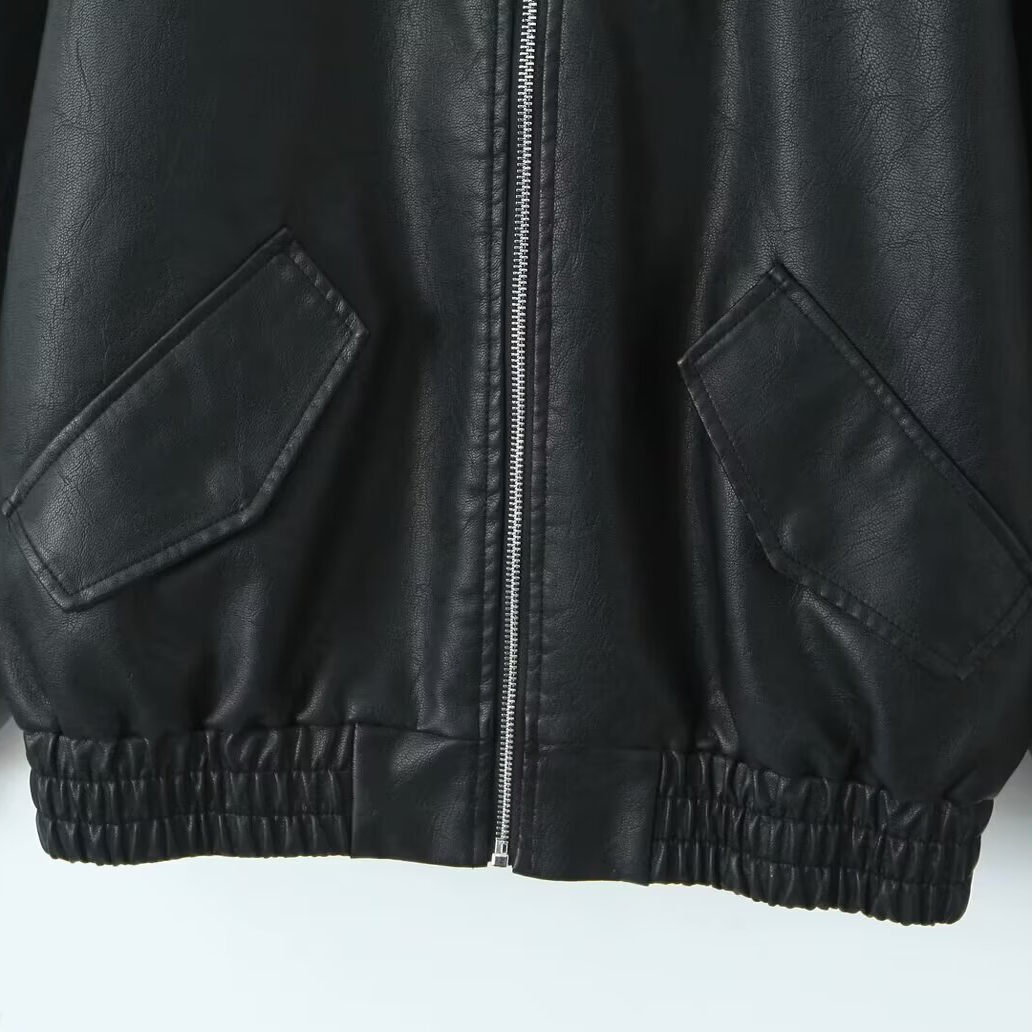 Jaqueta Fena de Couro PU do com Design Moderno e Corta-Vento JNLEAOG - Nova Coleção Outono, Ajuste Solto, Cor Sólida,...