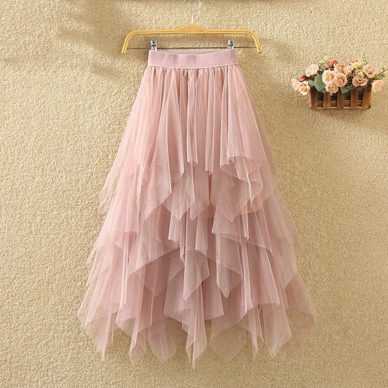 Dames Tule Rok Formeel Hoog Laag Asymmetrisch Midi-lengte Elastische taille Tutu Gelaagd Gezwollen Fee Baljurk Rokken Street chic