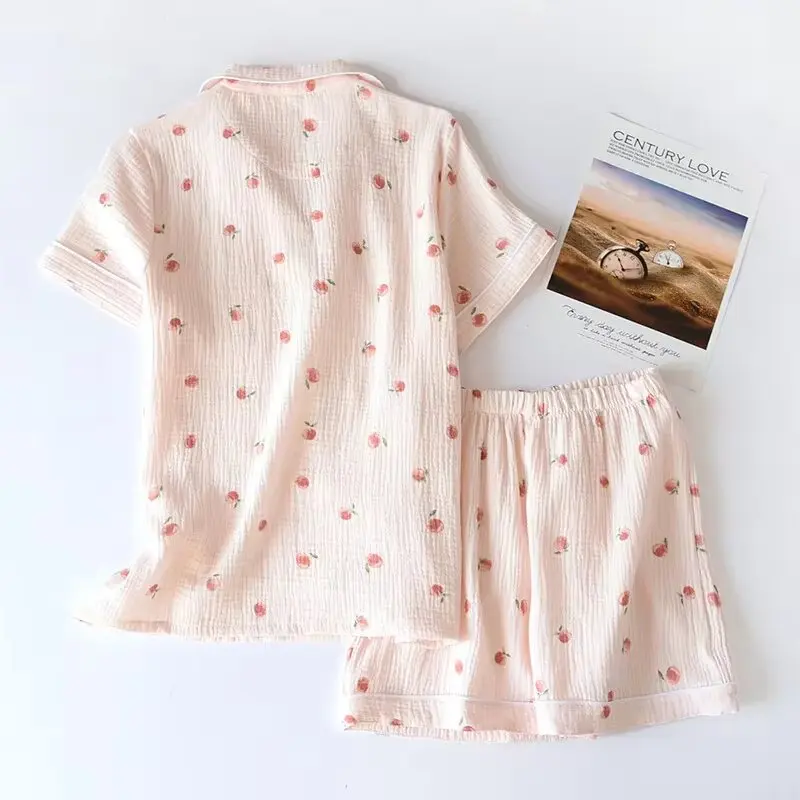 Ensemble pyjama Short à manches courtes pour femme, tissu crêpe 100% coton, fin, Service à domicile, deux pièces, ample, printemps et automne, été 2025