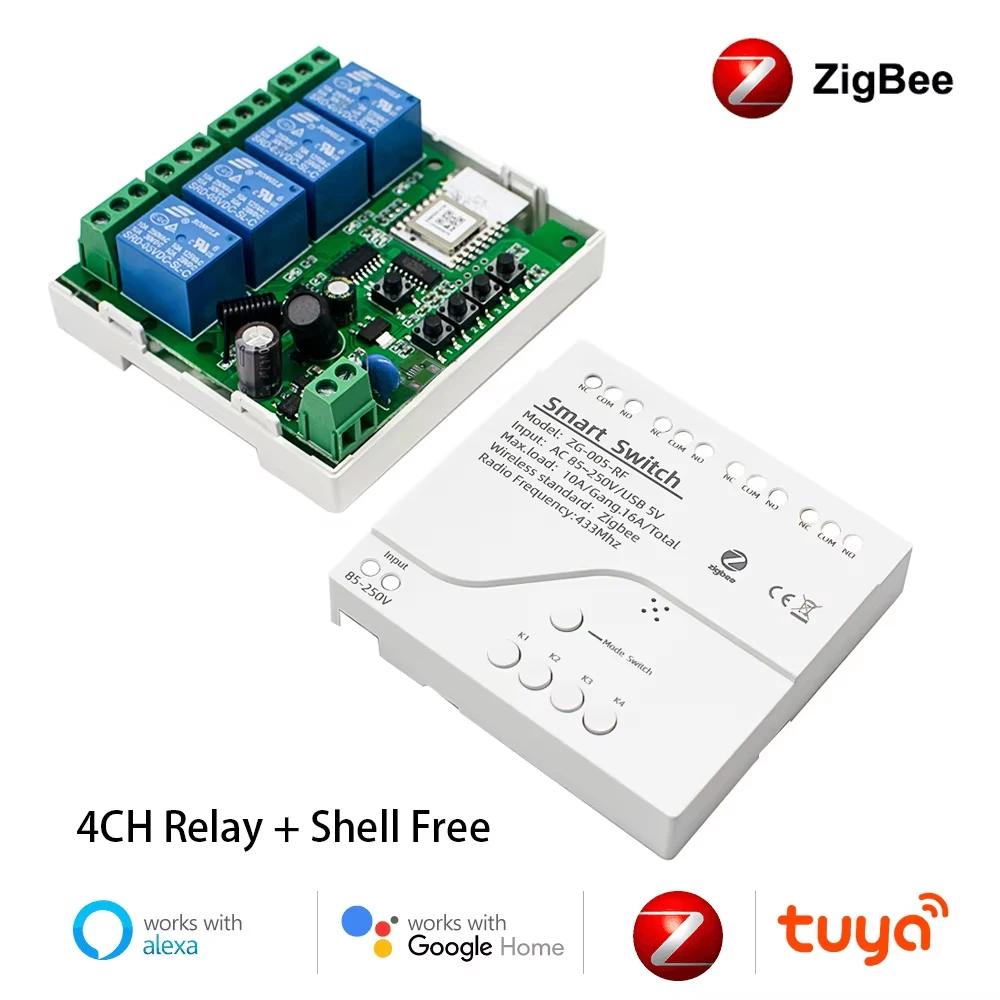 Tuya Zigbee 1 2 4-групповой релейный модуль постоянного тока 12 В 24 В 110 В 220 В 230 В сухой контакт 4-канальный контроллер на DIN-рейку Требуется шлюз Alexa