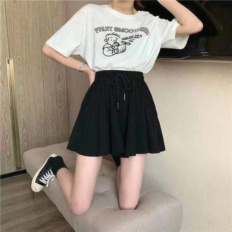 Faldas cortas de verano 5XL para mujer, pantalones cortos de pierna ancha informales elásticos de cintura alta, minifalda holgada de línea A coreana, pantalones cortos negros