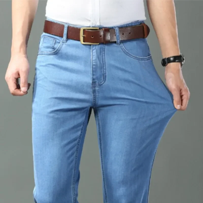 Nieuwe ijszijde dunne denim jeans voor heren blauwe rechte stretch katoenen broek business casual lichtgewicht broek lente zomer