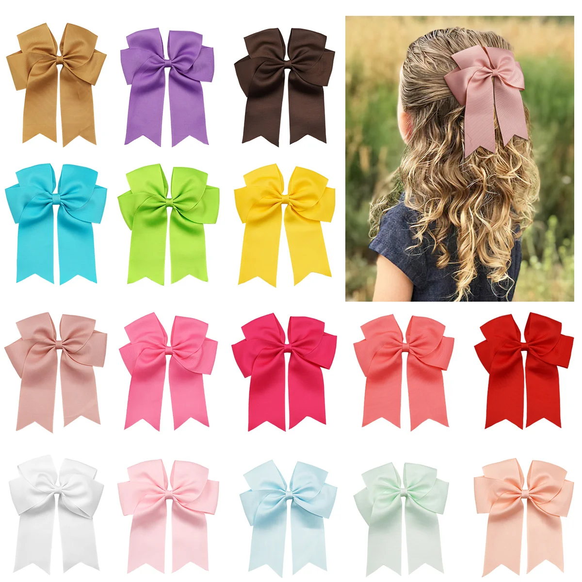 Laços de cabelo elegantes e coloridos de 6 polegadas com clipe, crianças, meninas, fita grande, grampos de cabelo, bebê, rabo de cavalo, acessórios de cabelo