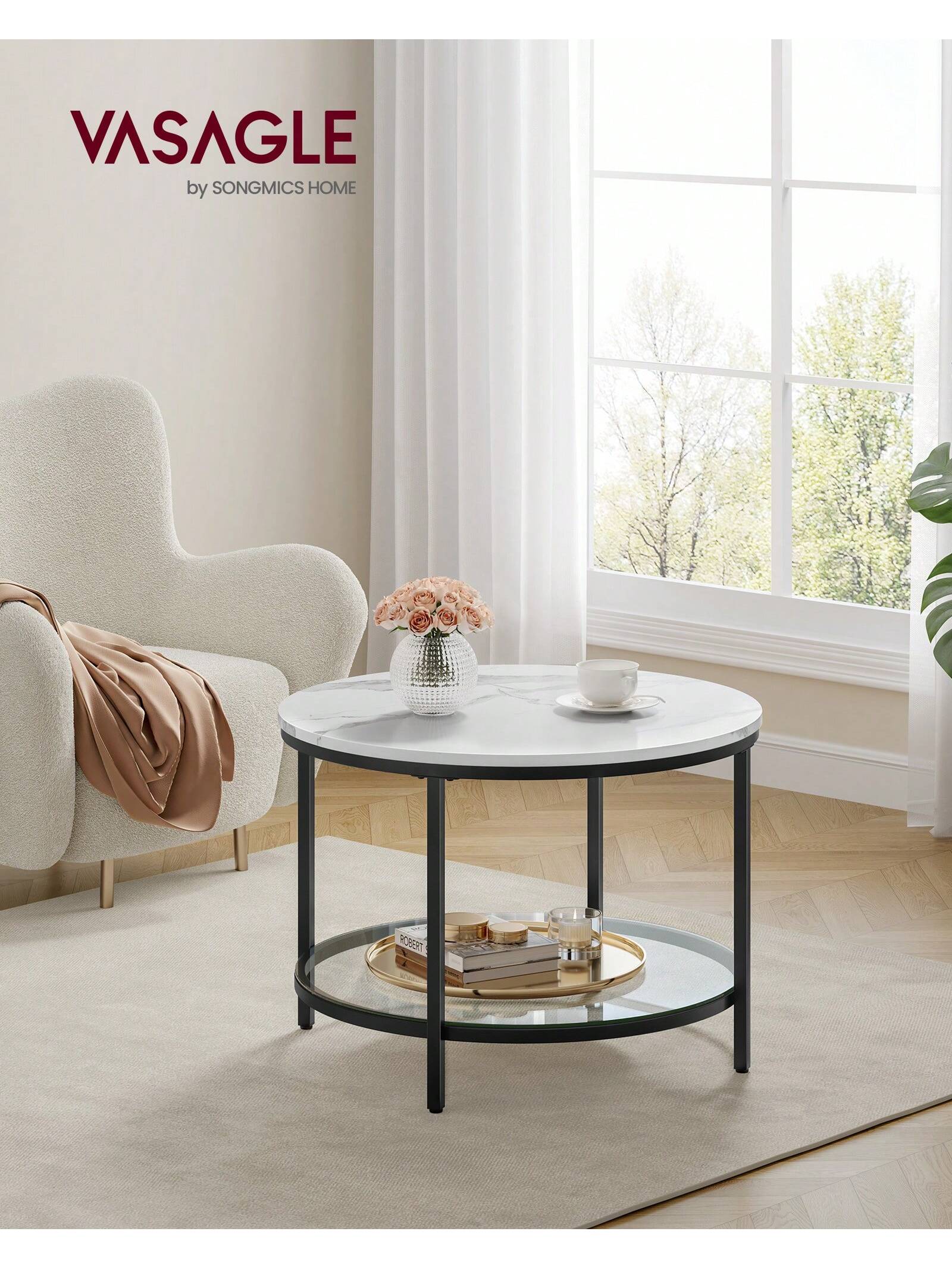 Mesa de centro VASAGLE: parte superior redonda de mármol de imitación, estante de cristal Montaje fácil, estilo moderno para sala de estar. Mármol Blanco/tinta negra