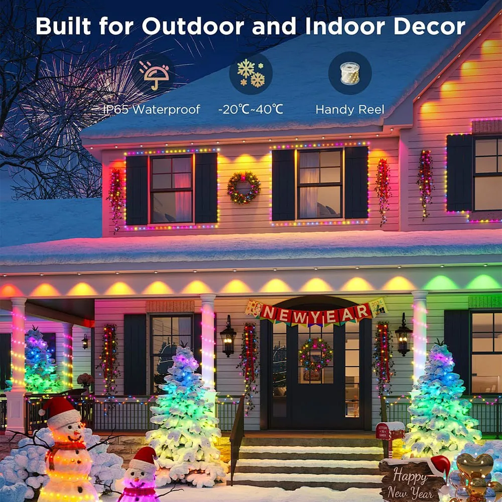Luces de alero RGB inteligentes de 60M, aplicación remota IP67, cadena de luces LED permanentes para exteriores, iluminación DIY para el hogar, Año Nuevo, Navidad y cumpleaños