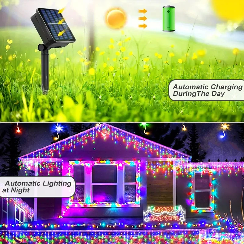 Solar Curtain Icicle Lights Christmas Lights Outdoor Waterproof Eaves Decor String Lights for Yard Party Holiday Decorations