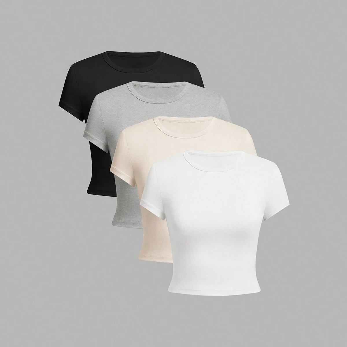 4 piezas de camiseta básica de manga corta de color sólido ajustada para mujer, top informal de verano minimalista con estilo para mujer, cuello redondo