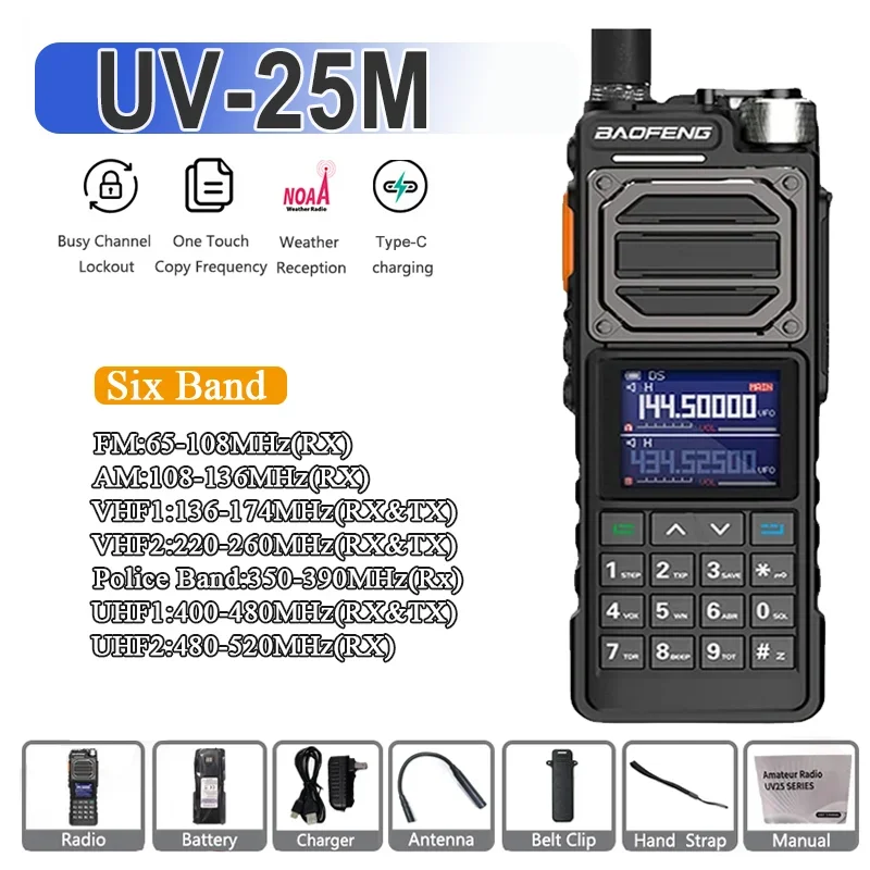 BAOFENG UV-25MยุทธวิธีWalkie Talkie High Power 50KM 136-520MHz 999CH USB C Charger NOAA VOX Two Wayวิทยุหกแบนด์BF-X5 Pro