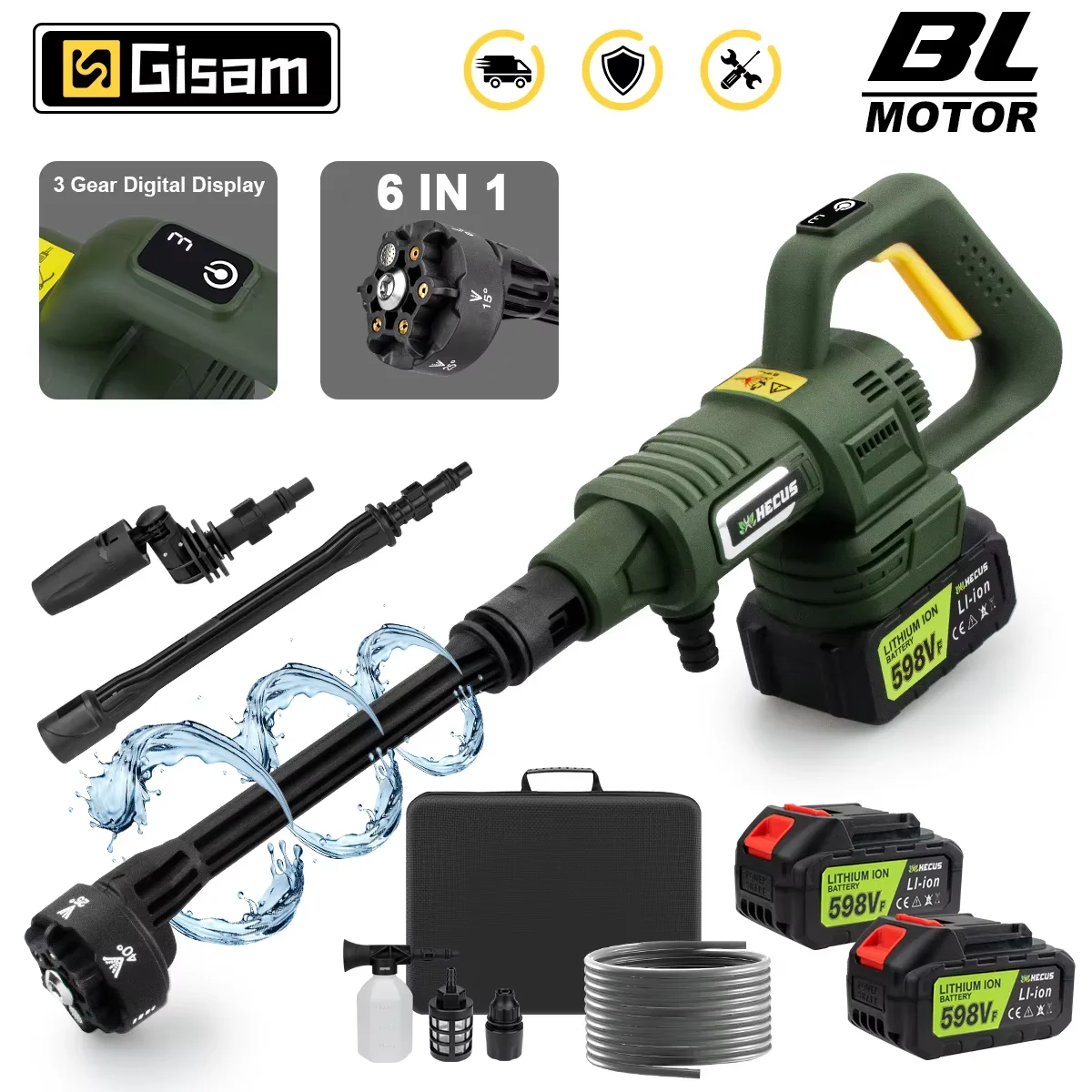 Gisam 200Bar 3 Gears Brushless Electric High Pressure Washer 6 IN 1 Car Washing Gun Water Spray Gun for Makita 18V Battery Pins