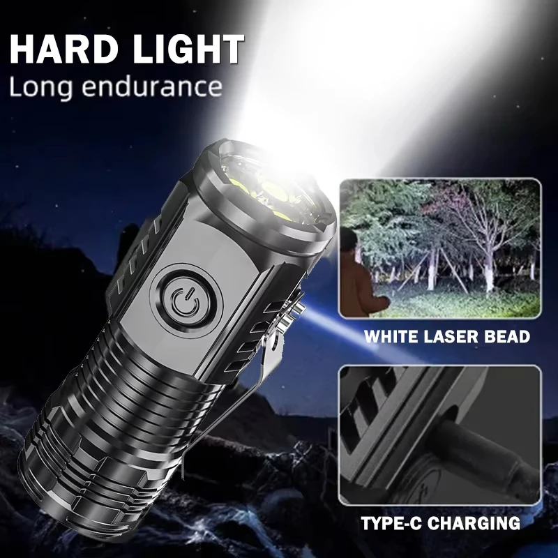 Mini linterna LED portátil, potente linterna de bolsillo pequeña con 3 mechas, recargable por USB, linterna de luz fuerte, lámpara con Clip de tapa superbrillante