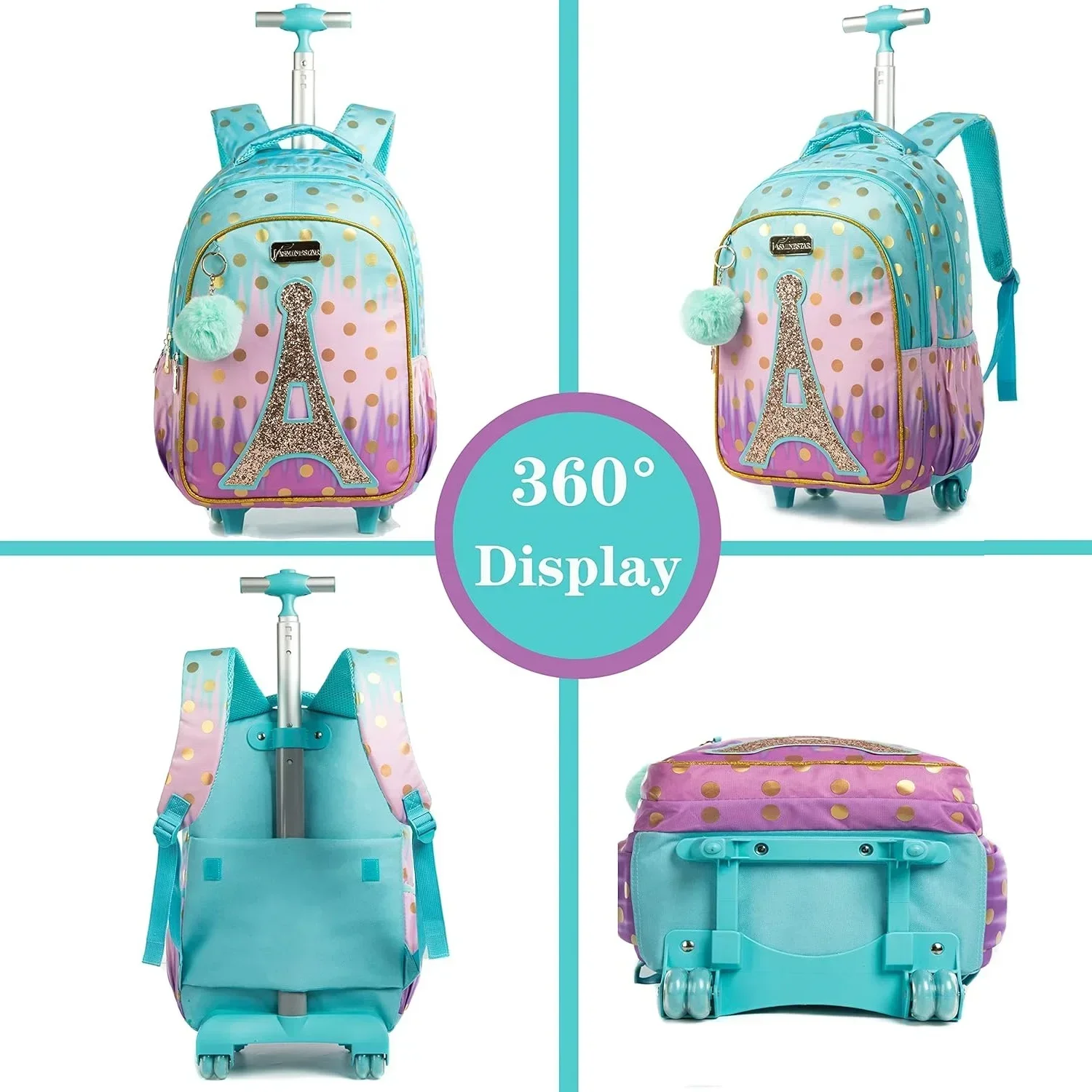 Mochila escolar infantil com rodas, bolsa escolar com rodas para adolescentes, mochila de lona para meninas, bagagem de viagem, carrinho